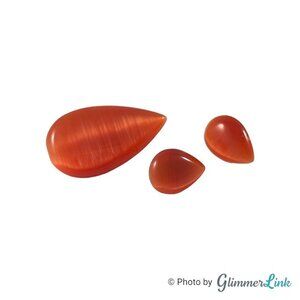 Cat's Eye Orange Glass Teardrop Gold Tone Brooch Earrings Jewelry Set